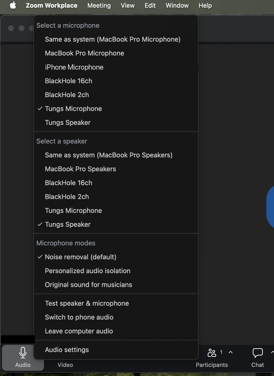 Zoom's in-meeting audio menu with Tungs Microphone and Tungs Speaker selected